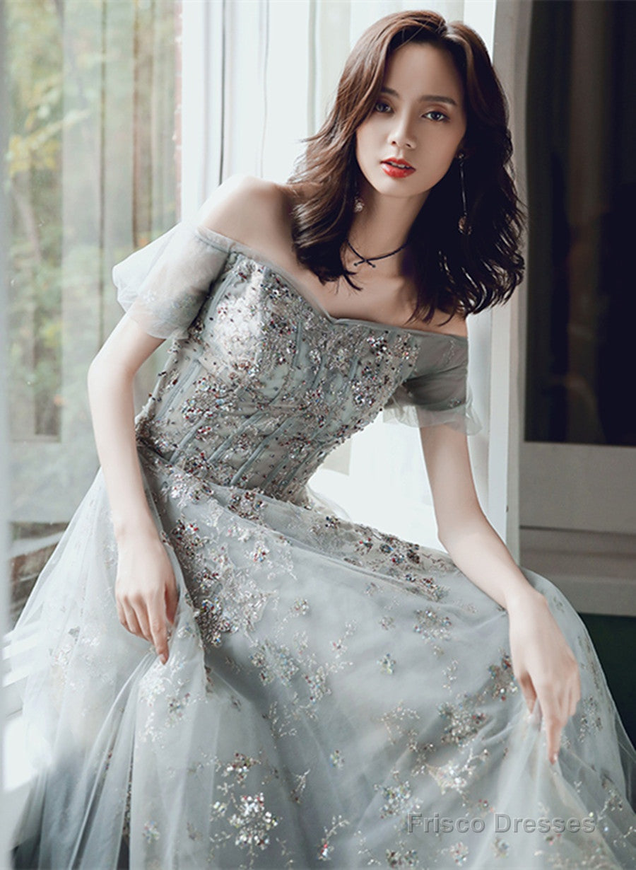 Off Shoulder Sweetheart A-Line Green Long Formal Dress, Tulle With Lace Prom Dress