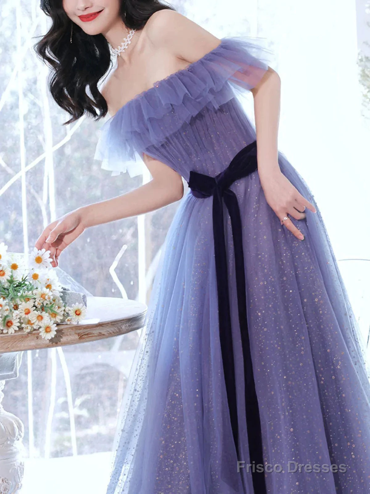 Off Shoulder Sweetheart Tulle Light Purple Formal Dress, A-Line Tulle Junior Prom Dresses Secondary image