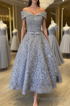Off Shoulder Tea Length Gray Lace Formal Prom Dresses, Off the Shoulder Gray Homecoming Dresses, Gray Lace Formal Evening Dresses