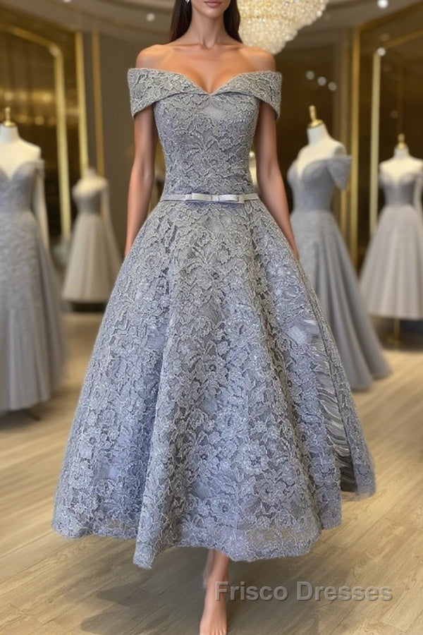 Off Shoulder Tea Length Gray Lace Formal Prom Dresses, Off the Shoulder Gray Homecoming Dresses, Gray Lace Formal Evening Dresses