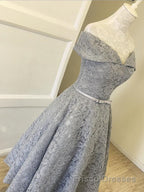 Off Shoulder Tea Length Gray Lace Formal Prom Dresses, Off the Shoulder Gray Homecoming Dresses, Gray Lace Formal Evening Dresses