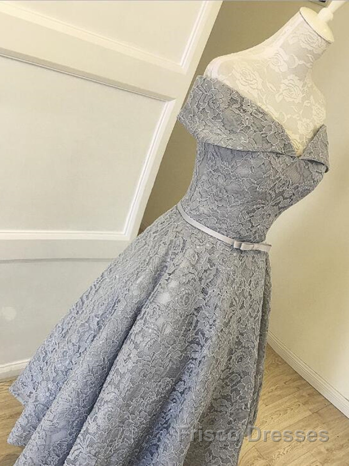 Off Shoulder Tea Length Gray Lace Formal Prom Dresses, Off the Shoulder Gray Homecoming Dresses, Gray Lace Formal Evening Dresses