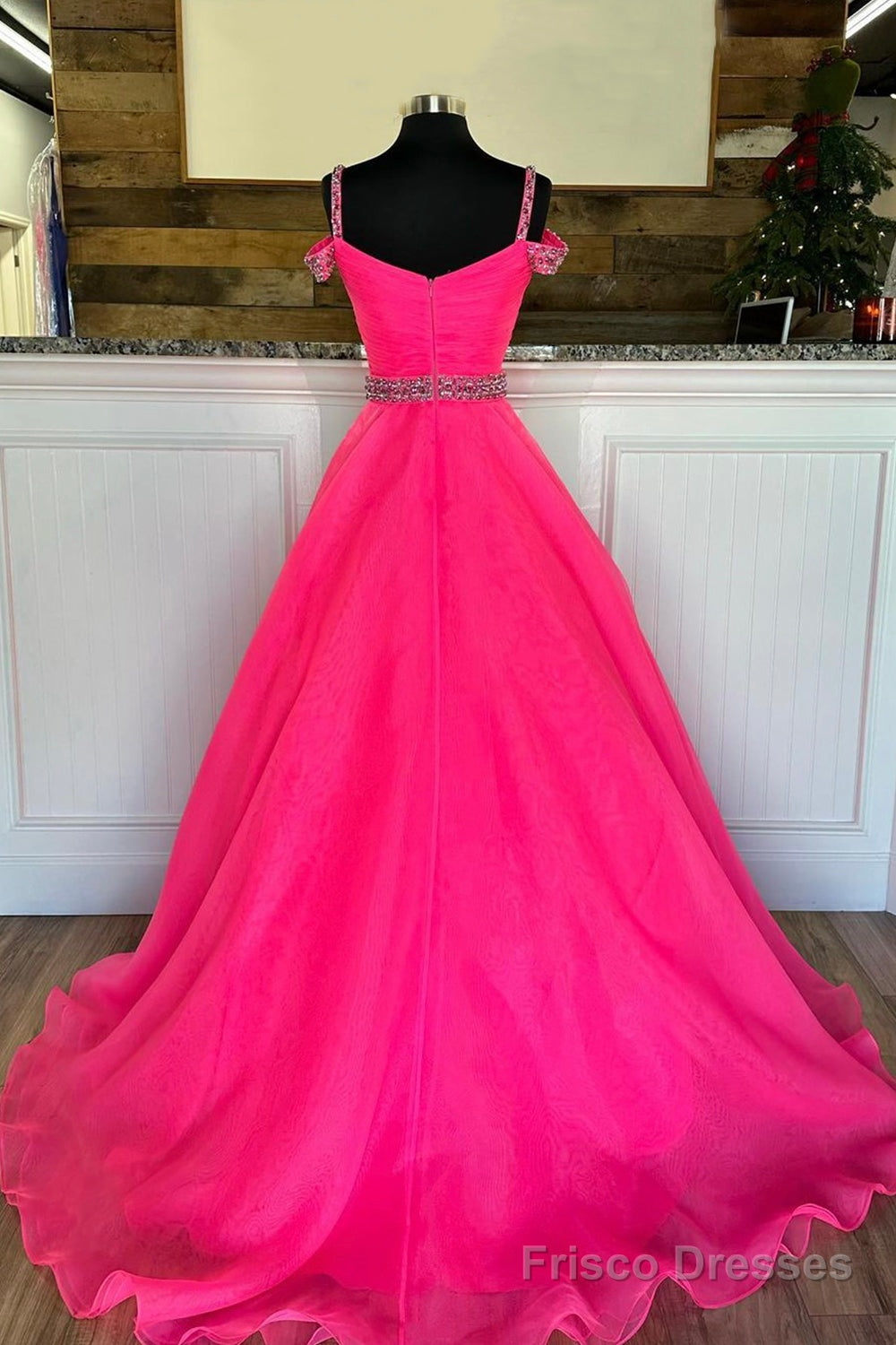 Off Shoulder Tulle Beaded Long Formal Dress, Hot Pink Evening Party Dress Secondary image