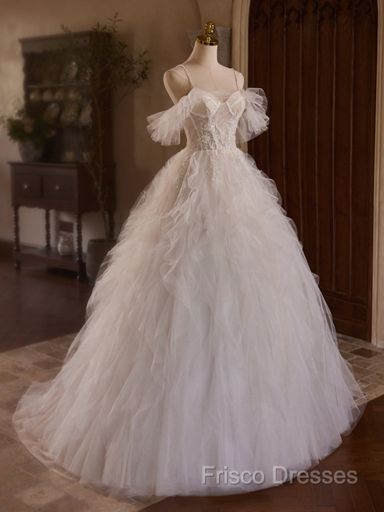 Off Shoulder Tulle Lace Light Champagne Long Formal Prom Dress, Light Champagne Sweet 16 Dress Secondary image