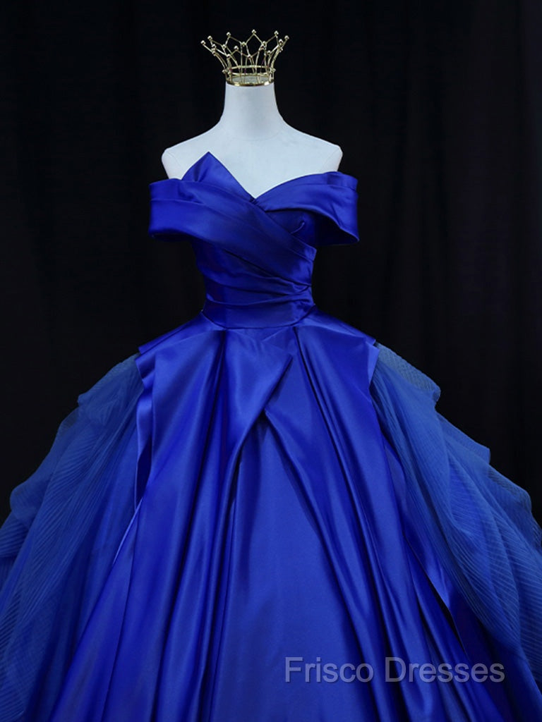 Off Shoulder Tulle Satin Blue Long Formal Prom Gown, Blue Long Formal Dress Secondary image