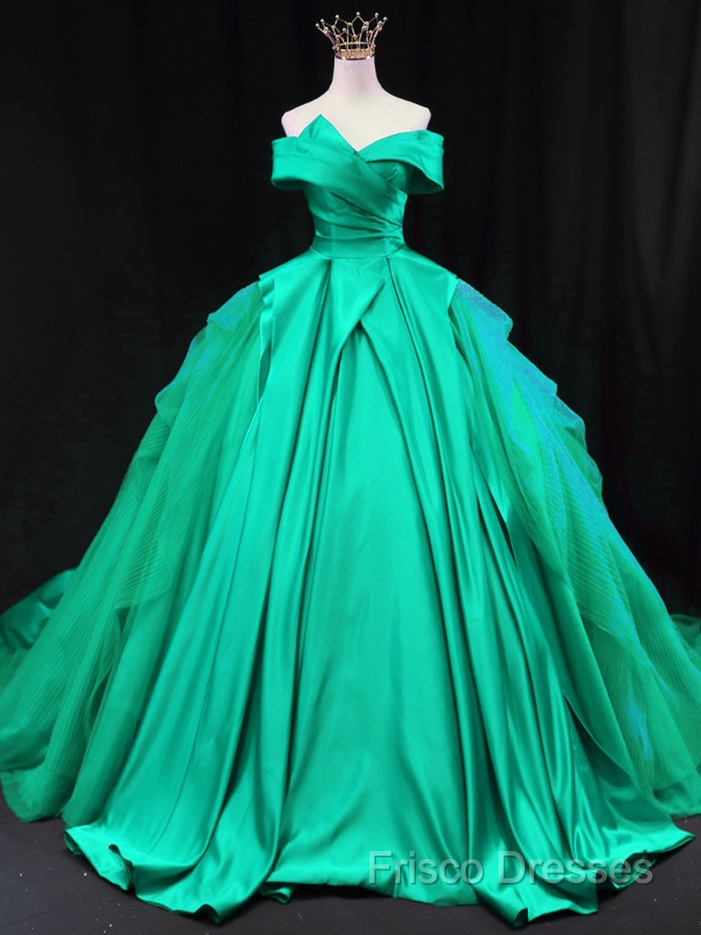 Off Shoulder Tulle Satin Blue Long Formal Prom Gown, Blue Long Formal Dress