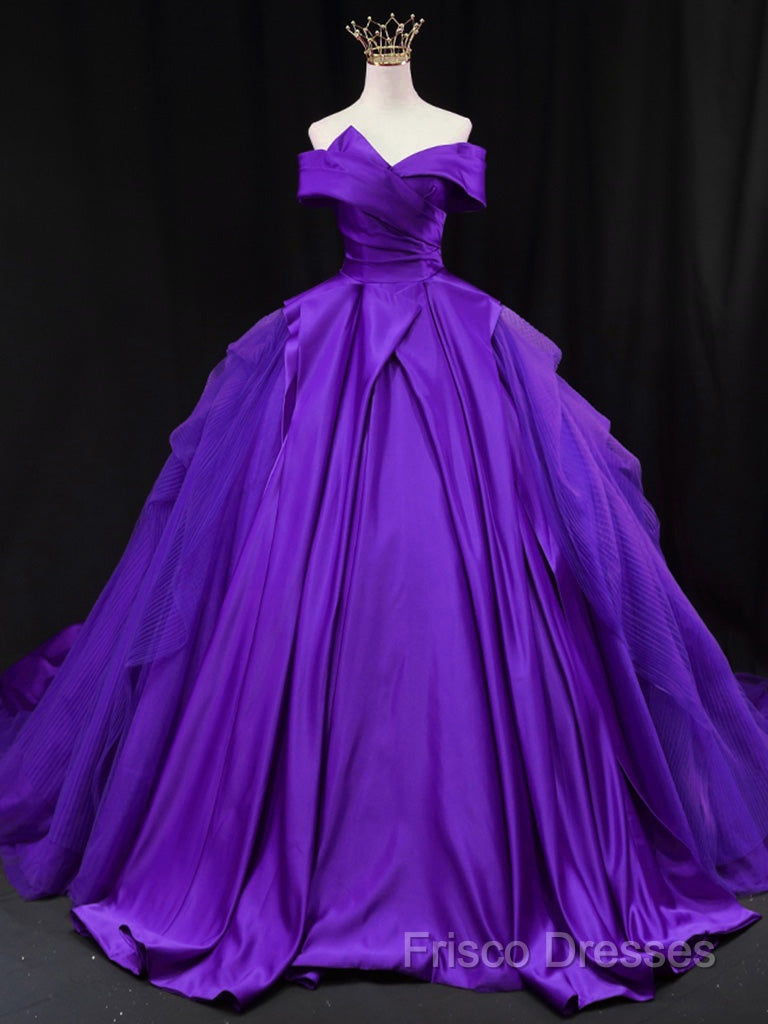 Off Shoulder Tulle Satin Blue Long Formal Prom Gown, Blue Long Formal Dress