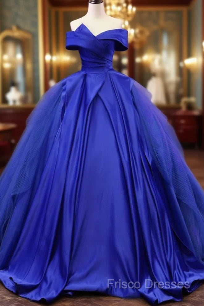 Off Shoulder Tulle Satin Blue Long Formal Prom Gown, Blue Long Formal Dress Main image