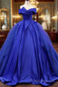Off Shoulder Tulle Satin Blue Long Formal Prom Gown, Blue Long Formal Dress