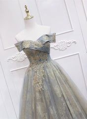 Off Shoulder Tulle With Lace A-Line Junior Prom Dress, Chic Long Party Dress