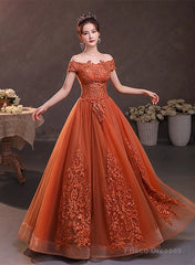 Off Shoulder Tulle With Lace Sweetheart Long Formal Dress, Sweet 16 Dresses