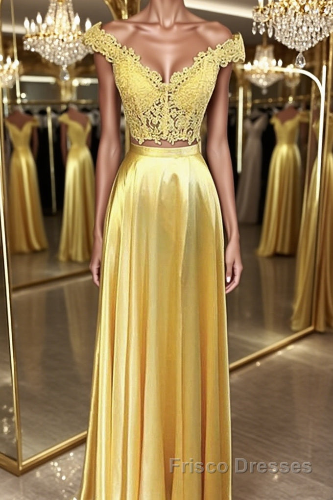 Off Shoulder Two Pieces Lace Yellow Long Formal Prom Dresses, Off the Shoulder Yellow Lace Formal Dresses, Two Pieces Yellow Lace Evening Dresses
