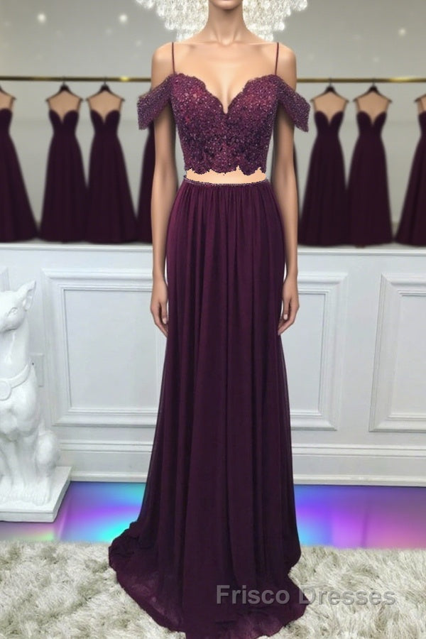 Off Shoulder Two Pieces Purple Lace Long Formal Prom Dresses, 2 Pieces Purple Formal Dresses, Purple Lace Evening Dresses Main image