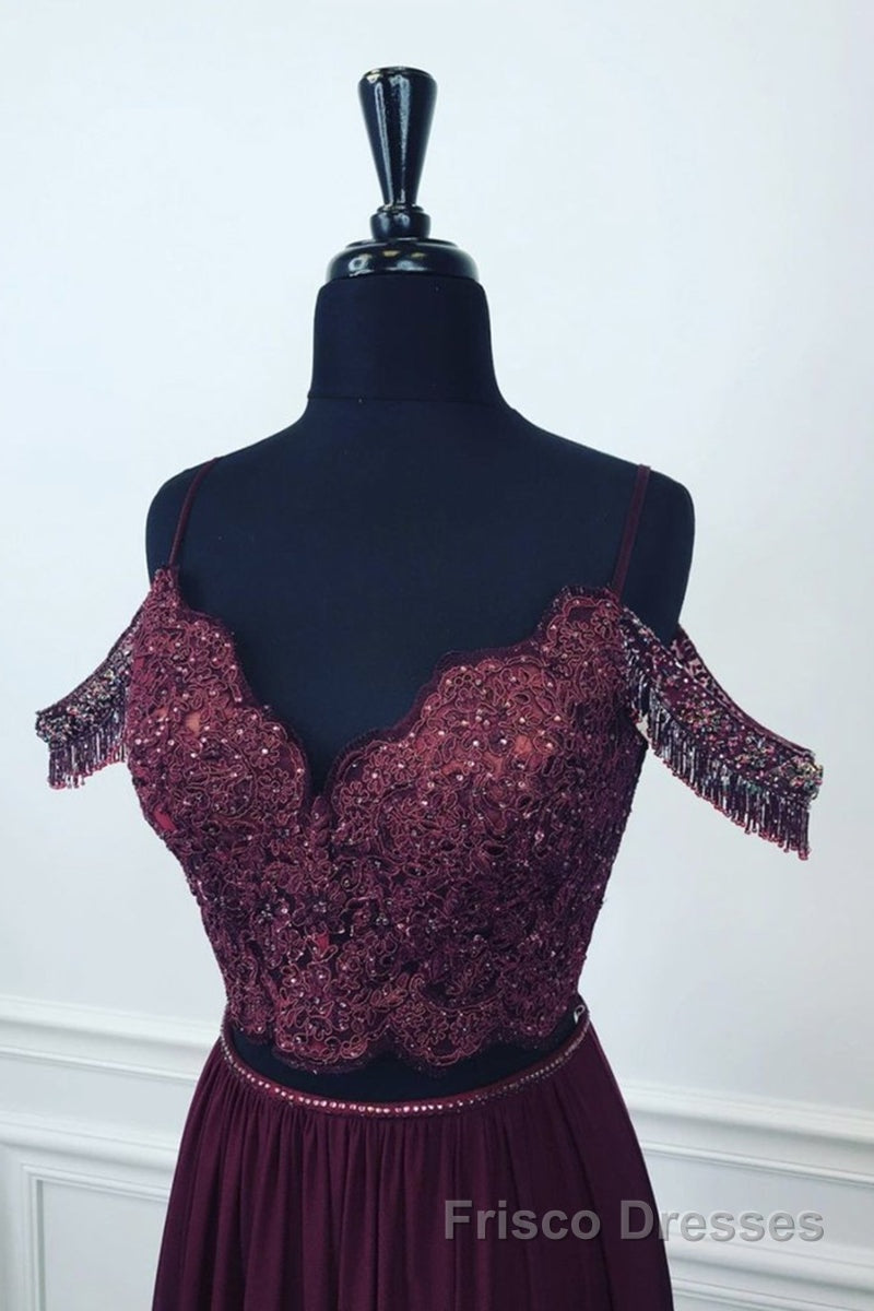 Off Shoulder Two Pieces Purple Lace Long Formal Prom Dresses, 2 Pieces Purple Formal Dresses, Purple Lace Evening Dresses Secondary image