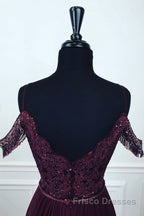 Off Shoulder Two Pieces Purple Lace Long Formal Prom Dresses, 2 Pieces Purple Formal Dresses, Purple Lace Evening Dresses