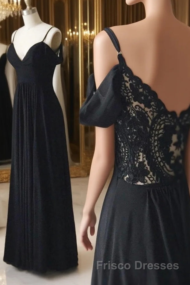 Off Shoulder V Neck Black Lace Long Formal Prom Dresses, Off Shoulder Black Formal Dresses, Black Lace Evening Dresses Main image