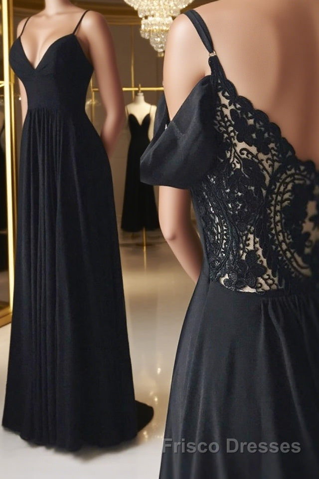 Off Shoulder V Neck Black Long Formal Prom Dresses with Lace Back, Off the Shoulder Black Formal Dresses, Black Lace Evening Dresses Main image