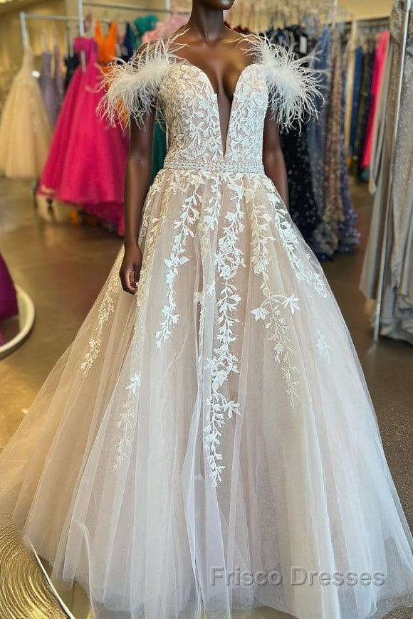 Off Shoulder V Neck Champagne Lace Long Formal Prom Dresses with Belt, Champagne Lace Formal Dresses, Champagne Evening Dresses Main image