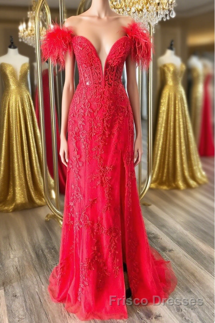Off Shoulder V Neck Mermaid Red Lace Long Formal Prom Dresses with High Slit, Mermaid Red Formal Dresses, Red Lace Evening Dresses