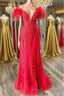 Off Shoulder V Neck Mermaid Red Lace Long Formal Prom Dresses with High Slit, Mermaid Red Formal Dresses, Red Lace Evening Dresses