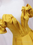 Off Shoulder V Neck Yellow Satin Long Formal Prom Dress, Off The Shoulder Yellow Formal Dress, Yellow Formal Dress