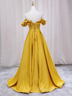 Off Shoulder V Neck Yellow Satin Long Formal Prom Dress, Off The Shoulder Yellow Formal Dress, Yellow Formal Dress