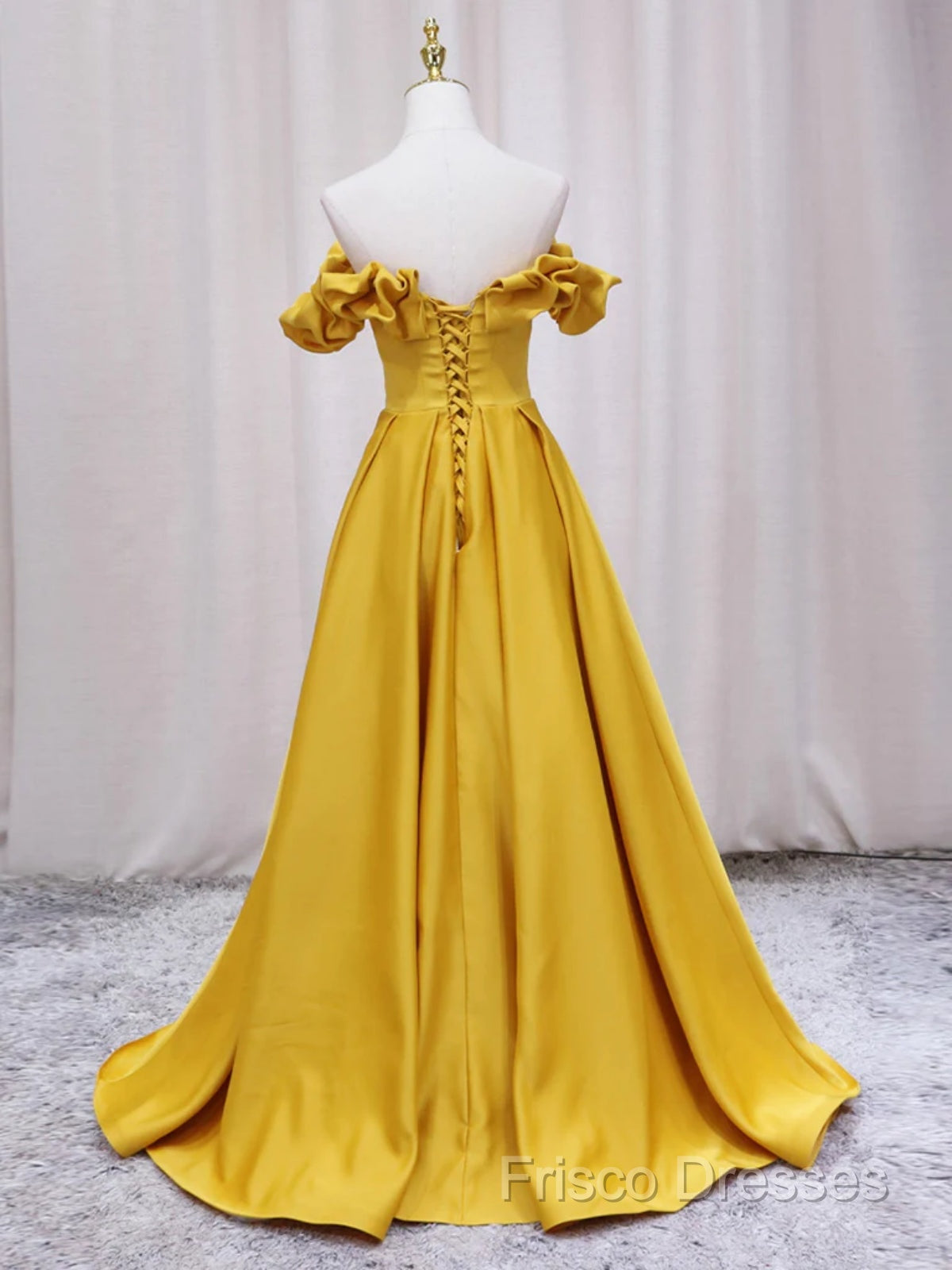 Off Shoulder V Neck Yellow Satin Long Formal Prom Dress, Off The Shoulder Yellow Formal Dress, Yellow Formal Dress