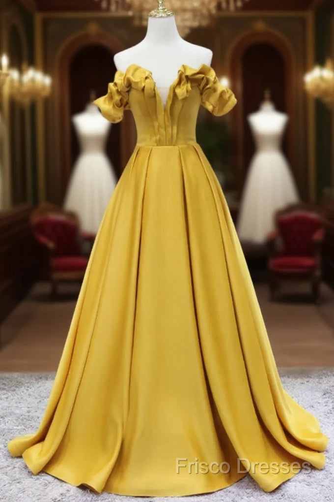 Off Shoulder V Neck Yellow Satin Long Formal Prom Dress, Off The Shoulder Yellow Formal Dress, Yellow Formal Dress Main image