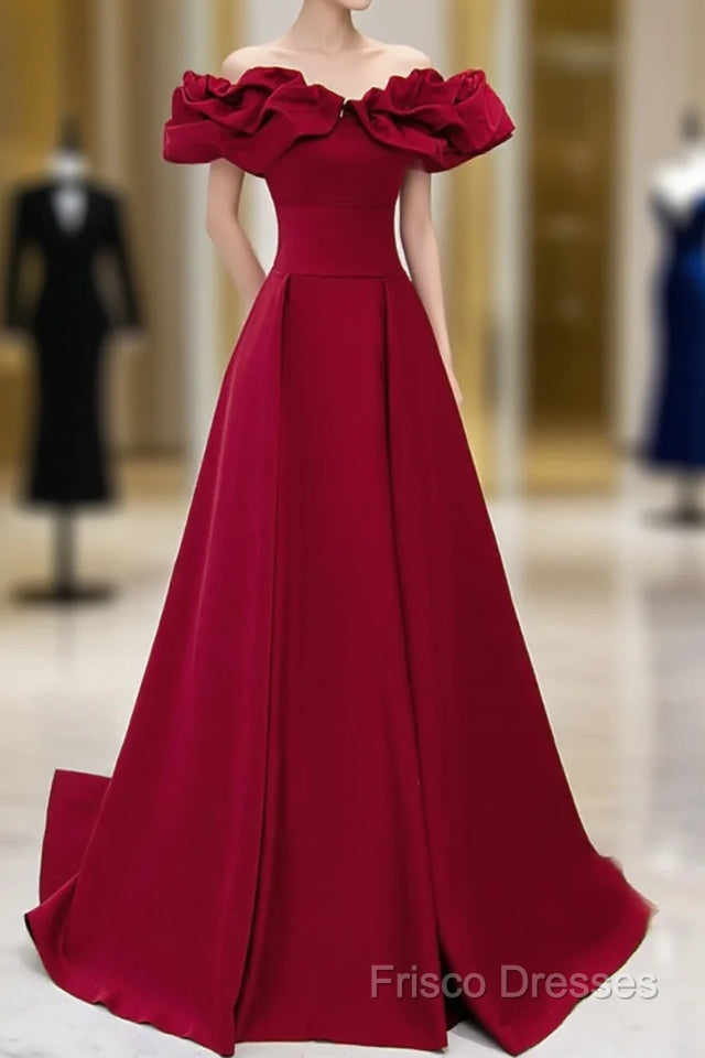 Off Shoulder Wine Red Sweetheart Long Party Dress, Wine Red Formal Prom Dress Formal Dress Main image