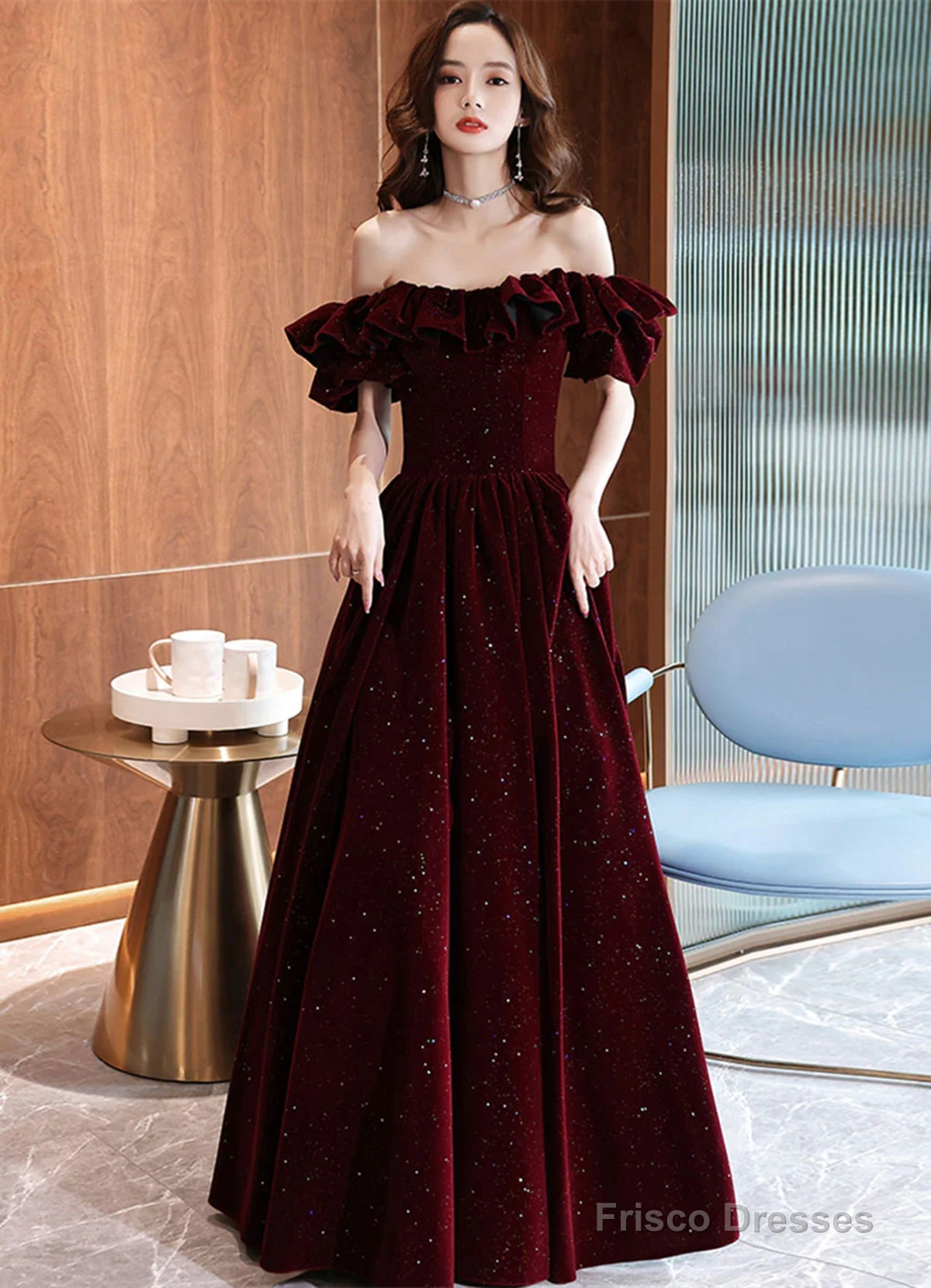 Off Shoulder Wine Red Velvet A-Line Party Dress, Wine Red Prom Dress