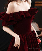 Off Shoulder Wine Red Velvet A-Line Party Dress, Wine Red Prom Dress