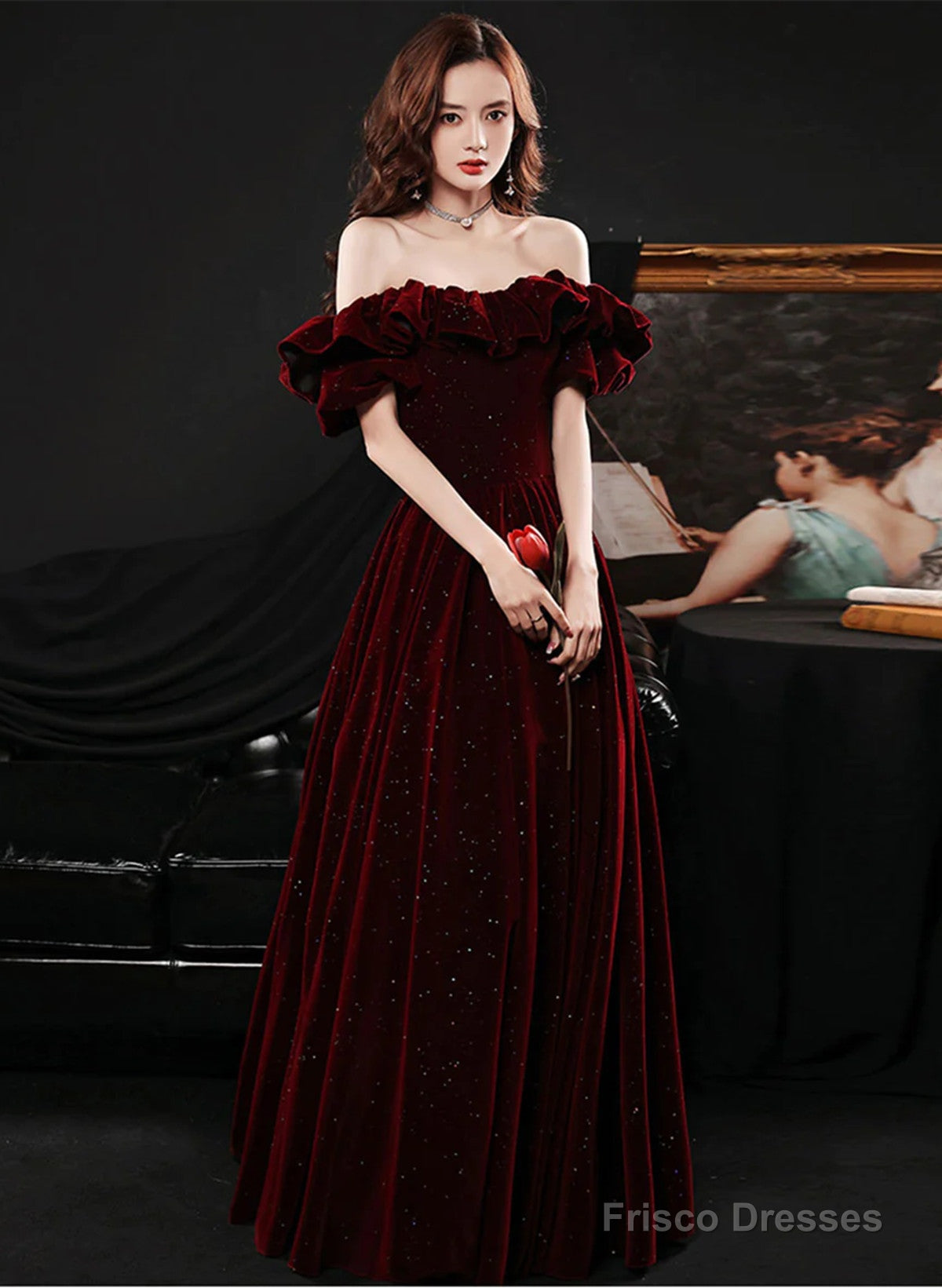 Off Shoulder Wine Red Velvet A-Line Party Dress, Wine Red Prom Dress Main image