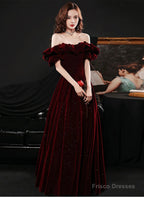 Off Shoulder Wine Red Velvet A-Line Party Dress, Wine Red Prom Dress