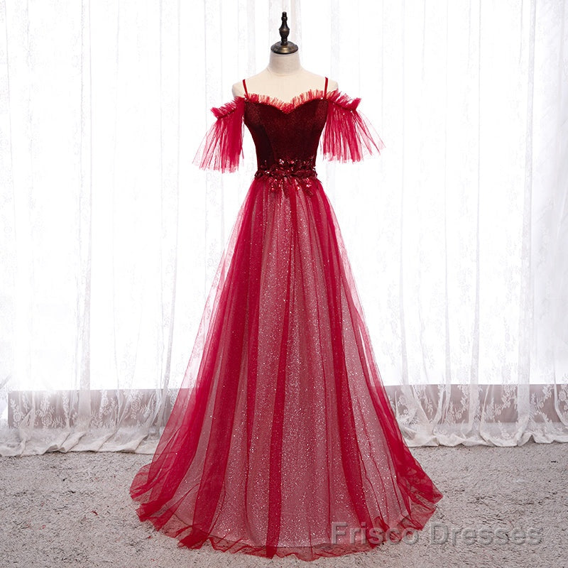 Off Shoulder Wine Red Velvet and Tulle Party Dress, A-line Tulle Floor Length Prom Dress