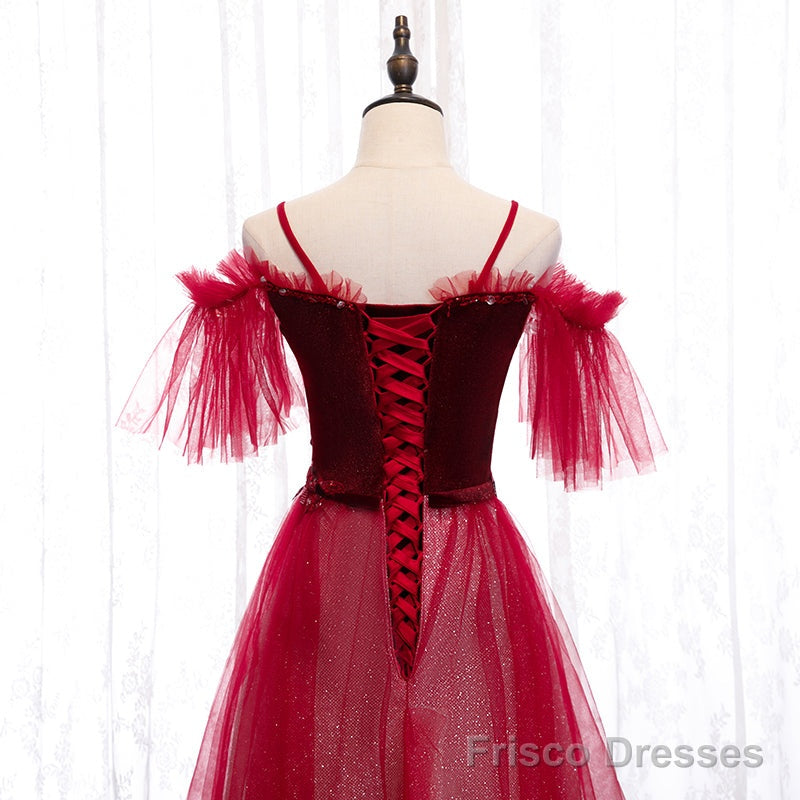 Off Shoulder Wine Red Velvet and Tulle Party Dress, A-line Tulle Floor Length Prom Dress