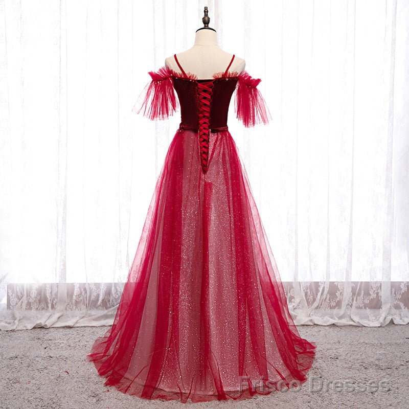 Off Shoulder Wine Red Velvet and Tulle Party Dress, A-line Tulle Floor Length Prom Dress