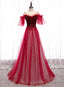 Off Shoulder Wine Red Velvet and Tulle Party Dress, A-line Tulle Floor Length Prom Dress