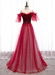 Off Shoulder Wine Red Velvet and Tulle Party Dress, A-line Tulle Floor Length Prom Dress