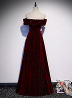 Off Shoulder Wine Red Velvet Long Party Dress, A-Line Wine Red Evening Dress