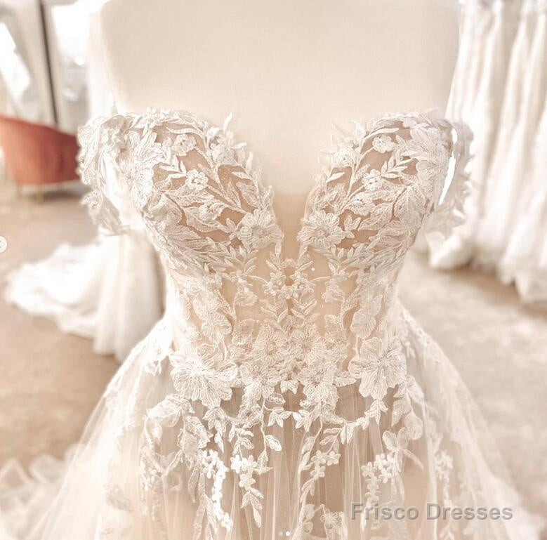 Off The Shoulder A-Line Wedding Dresses,Custom Made Bridal Dress