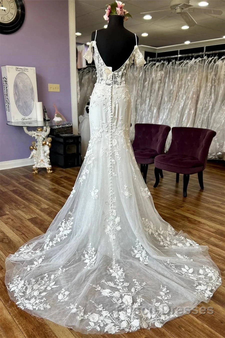 Off-The-Shoulder Appliques Straps Sweeping Long Wedding Dress