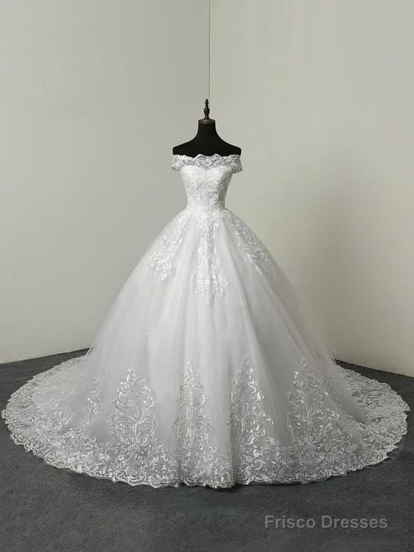 Off The Shoulder Ball Gown Wedding Dresses Short Sleeve Lace Applique Tulle Bridal Dress Main image