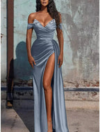 Off The Shoulder Beaded Satin Long Prom Dresses