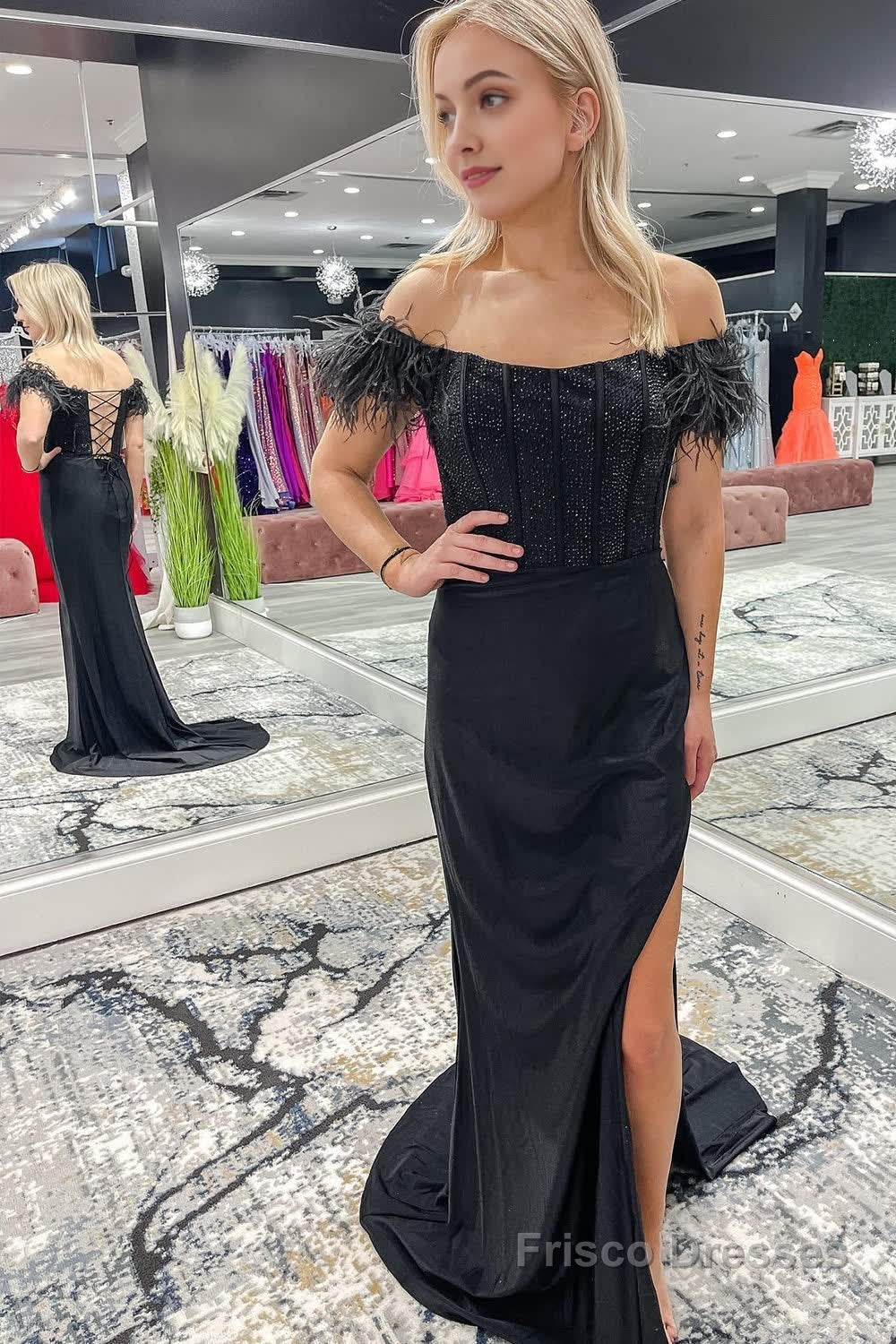 Off The Shoulder Black Mermaid Long Prom Dress with Beading Main image