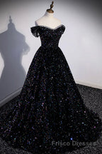 Off the Shoulder Black Sequin Formal Prom Dresses, Black Long Formal Evening Dresses