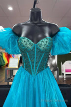 Off the Shoulder Blue Beaded Long Prom Dresses, Blue Beaded Long Formal Evening Dresses