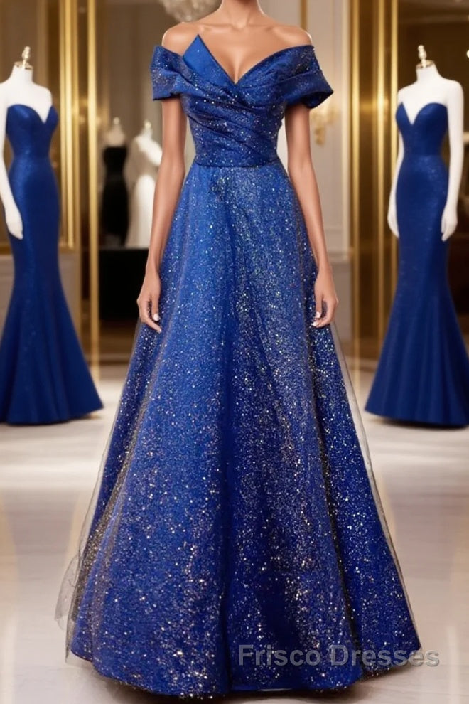 Off the Shoulder Blue Long Formal Prom Dresses, Off Shoulder Long Formal Evening Dresses