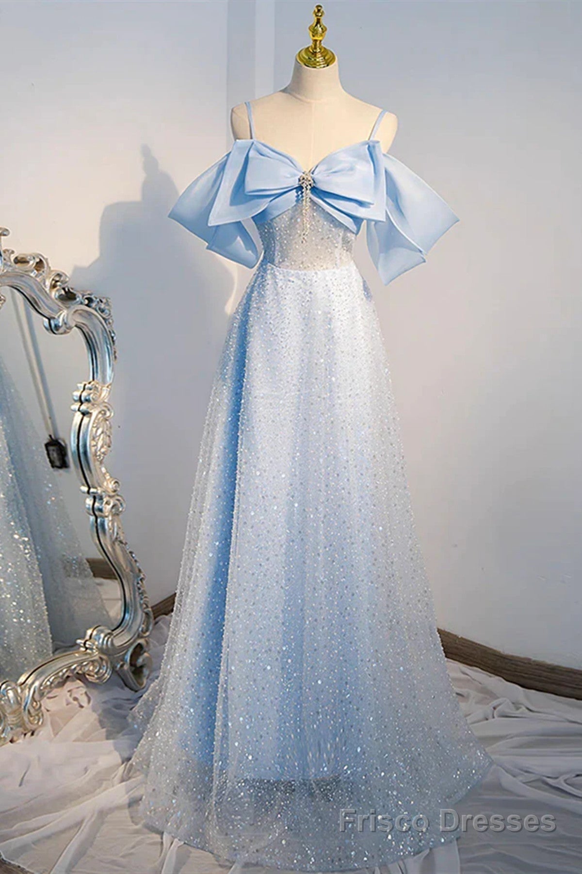 Off the Shoulder Blue Long Sequins Prom Dresses, Off Shoulder Blue Long Formal Evening Dresses Main image