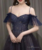 Off The Shoulder Blue Purple Ombre Tulle Prom Dresses, Blue Purple Ombre Formal Graduation Dresses