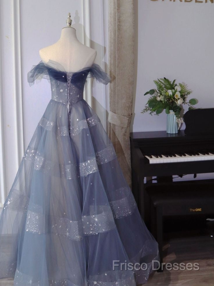 Off The Shoulder Blue Tulle A Line Long Formal Prom Dress